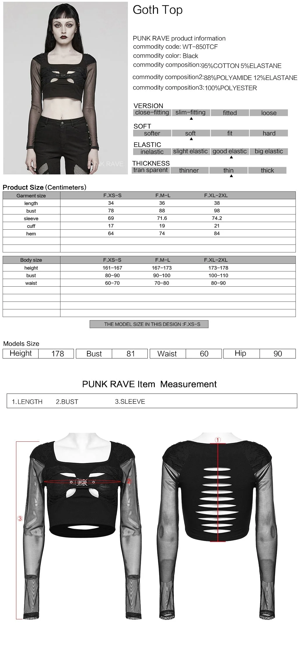 WT-850TCF Mesh Sleeve Cutout Gothic Crop Top Elegance - Image 12