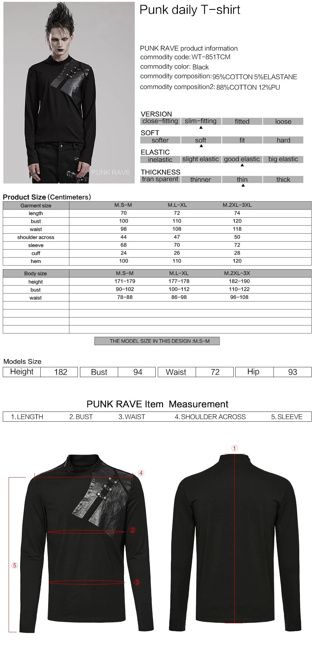 WT-851TCM black Leather Studded Accent Punk T-Shirts Long Sleeve - Image 12