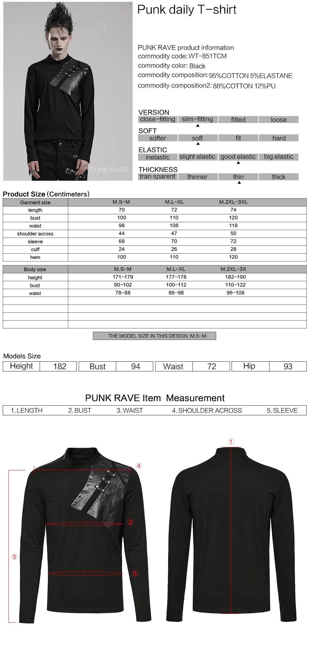 WT-851TCM black Leather Studded Accent Punk T-Shirts Long Sleeve - Image 2