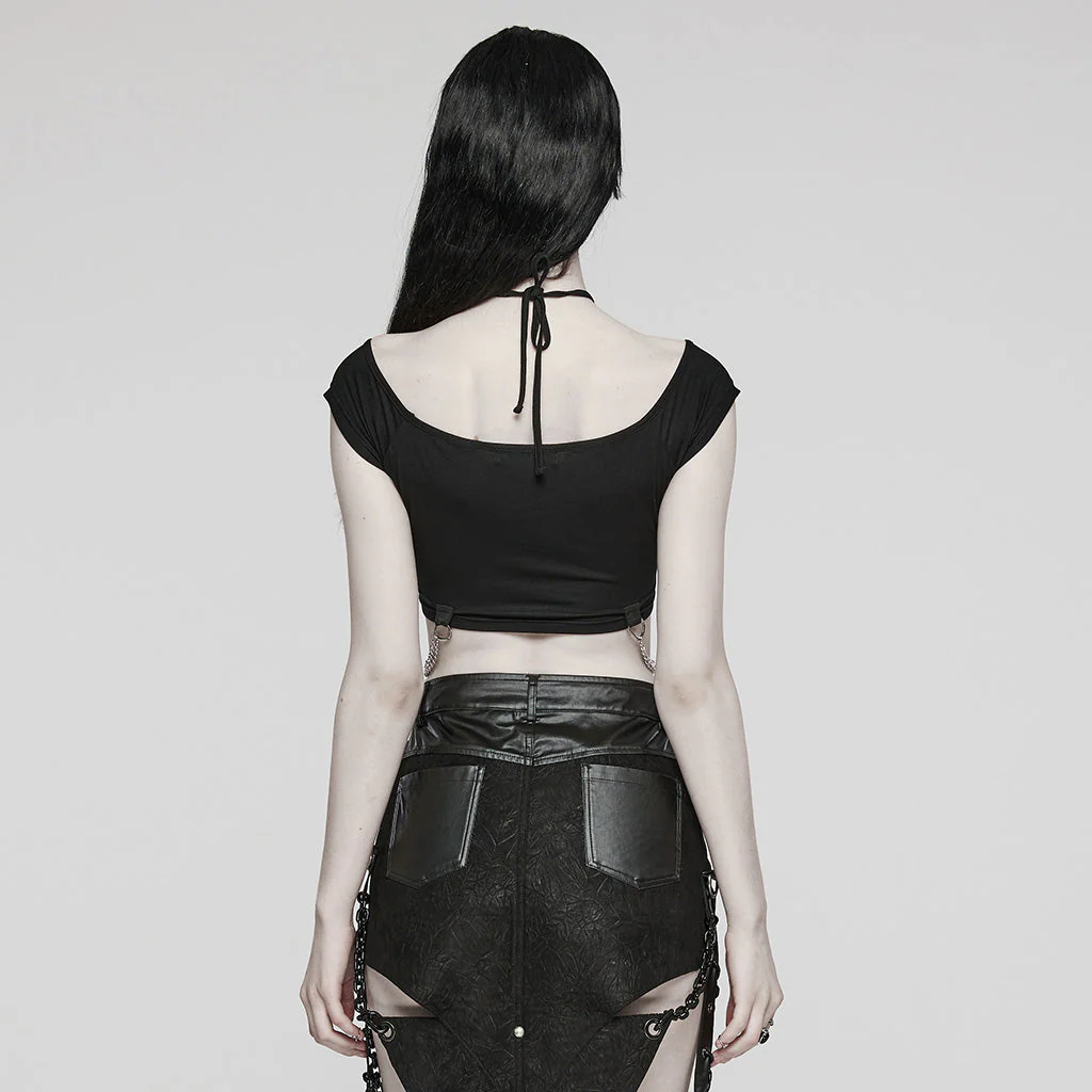 WT-852TDF Edgy Gothic Chain Halter Punk T-Shirt Cropped Top - Image 13