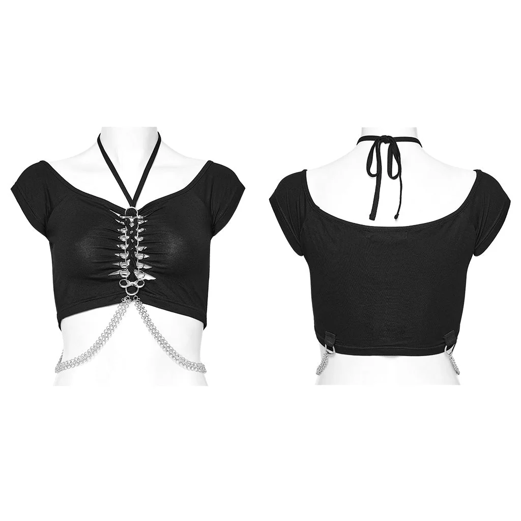 WT-852TDF Edgy Gothic Chain Halter Punk T-Shirt Cropped Top - Image 15