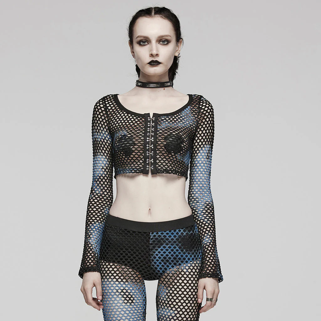 WT-869TCF Gothic Mesh Tie-Dye Crop Punk Long Sleeve Top - Image 11