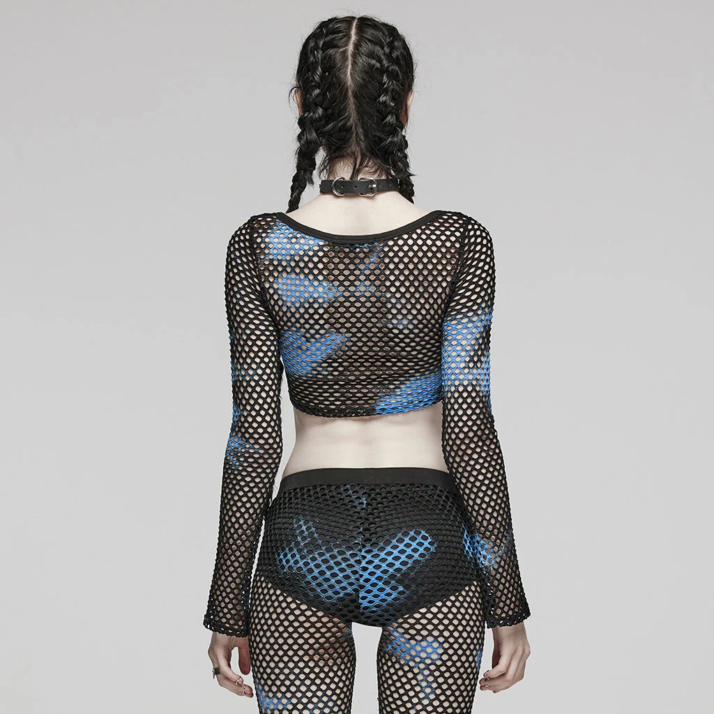 WT-869TCF Gothic Mesh Tie-Dye Crop Punk Long Sleeve Top - Image 13