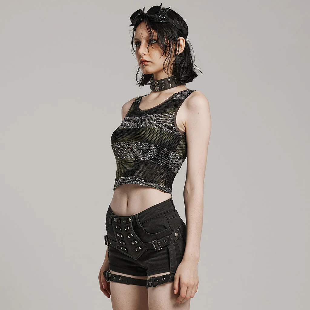 WT-870BXF Edgy Mesh Striped Punk Vest Top black Green - Image 20