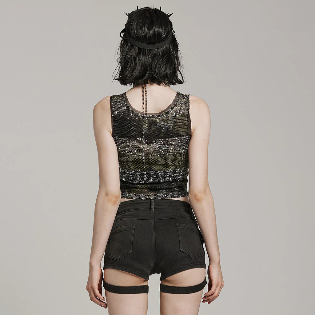 WT-870BXF Edgy Mesh Striped Punk Vest Top black Green - Image 21
