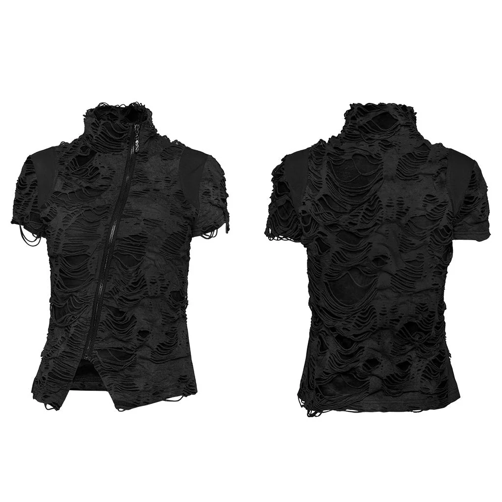WT-878TDF Ripped Black High-Collar Zippered Punk T-Shirt Women - Image 25