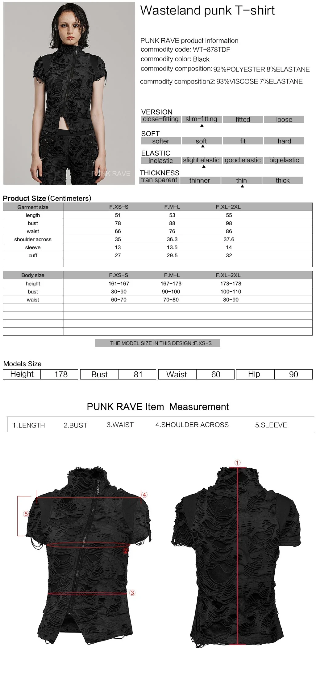 WT-878TDF Ripped Black High-Collar Zippered Punk T-Shirt Women - Image 40