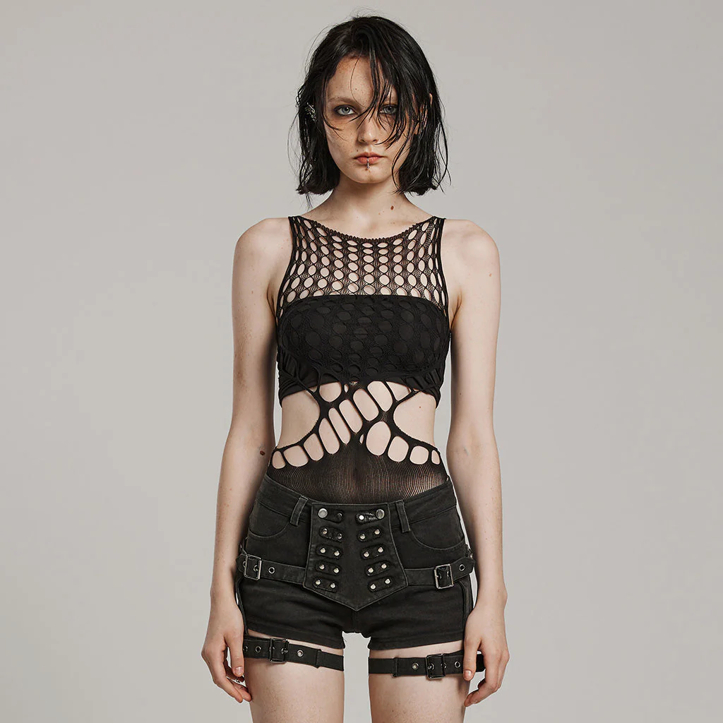 WT-885BXF Edgy Mesh Cutout Bodysuit Punk Accessories black Stretch Fabric - Image 19