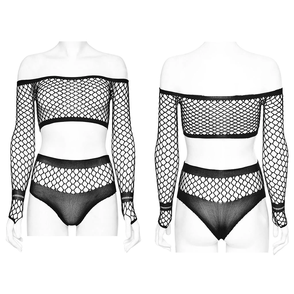 WT-886TCF Edgy Fishnet Off-Shoulder Long Sleeve Punk Shirt Set - Image 14