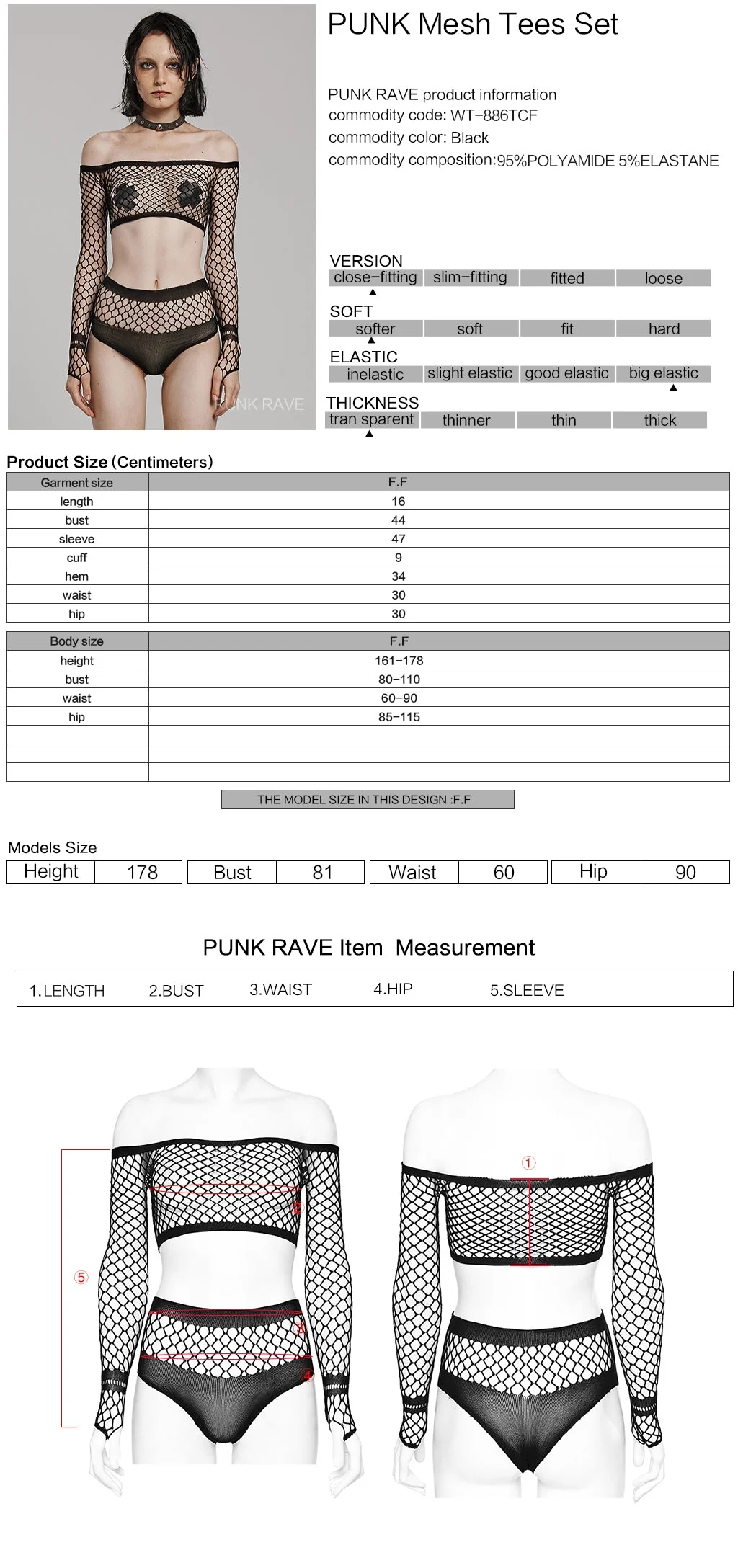 WT-886TCF Edgy Fishnet Off-Shoulder Long Sleeve Punk Shirt Set - Image 2