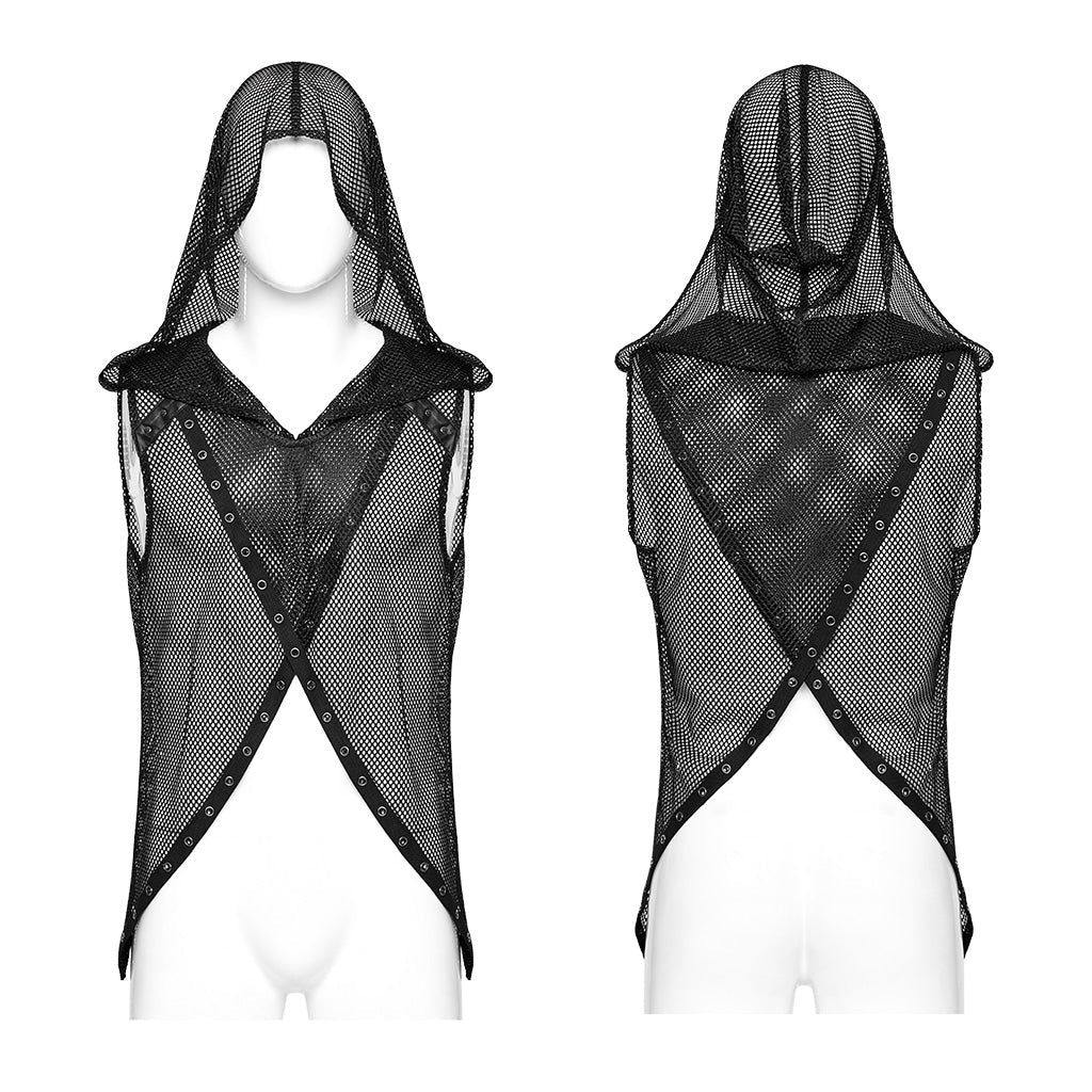 WT-893BXM Mesh Hooded Punk Vest with Studded Accents and Flared Hem - Image 6