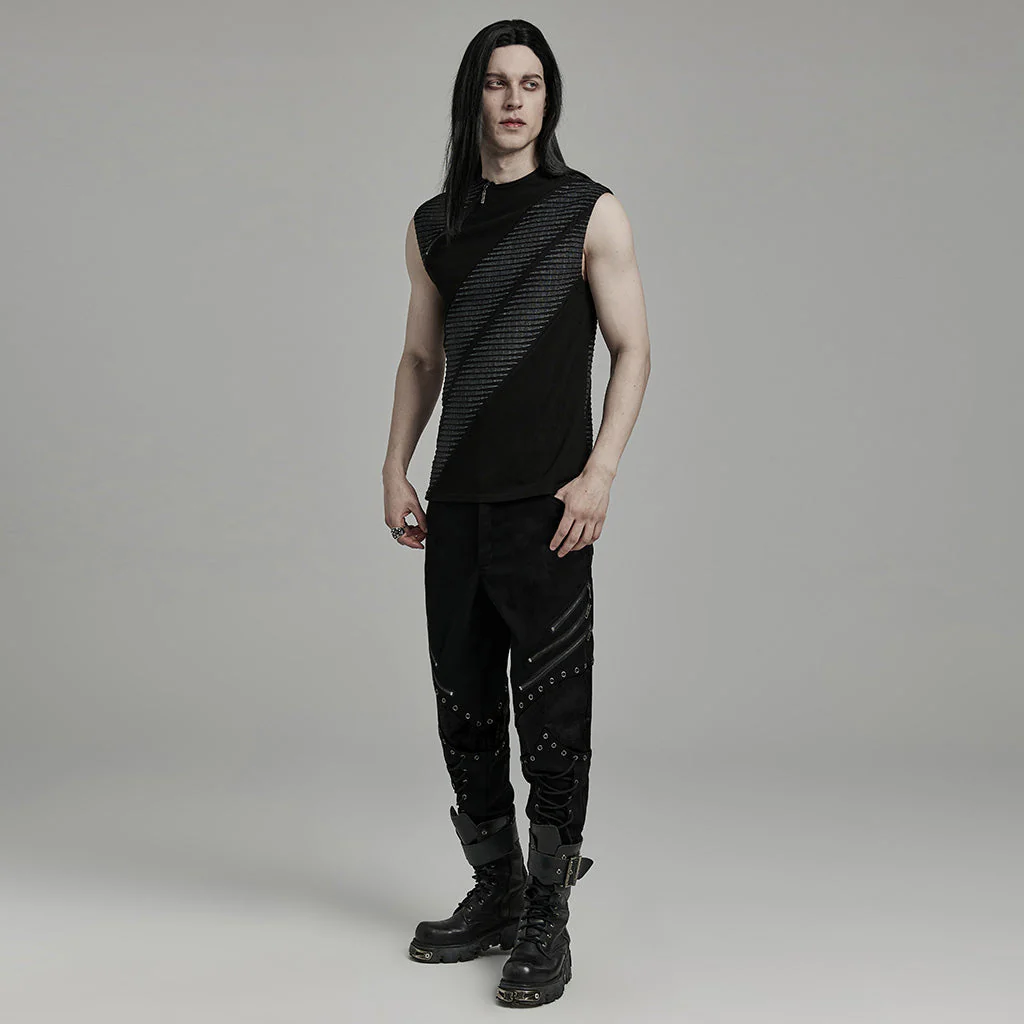 WT-897BXM Edgy Asymmetrical Striped Punk T-Shirt Sleeveless Zipper Top - Image 15