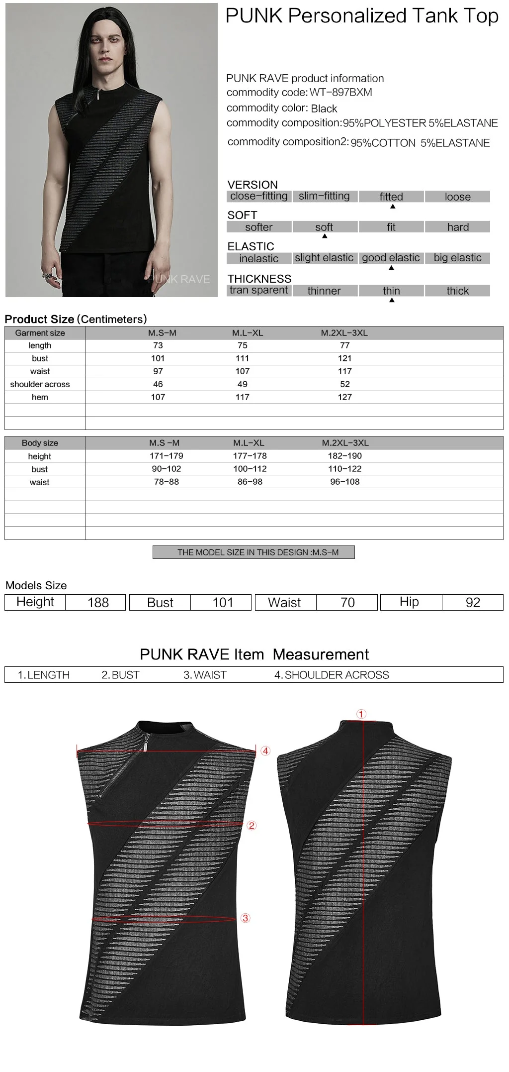 WT-897BXM Edgy Asymmetrical Striped Punk T-Shirt Sleeveless Zipper Top - Image 2