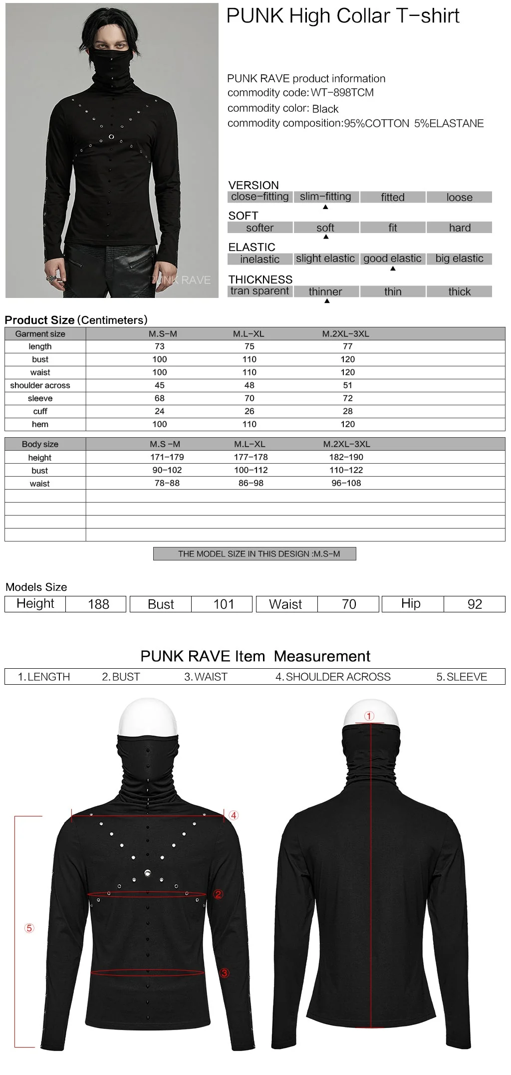 WT-898TCM Mens Punk High Collar Rivet Accent Long Sleeve T-Shirt - Image 2