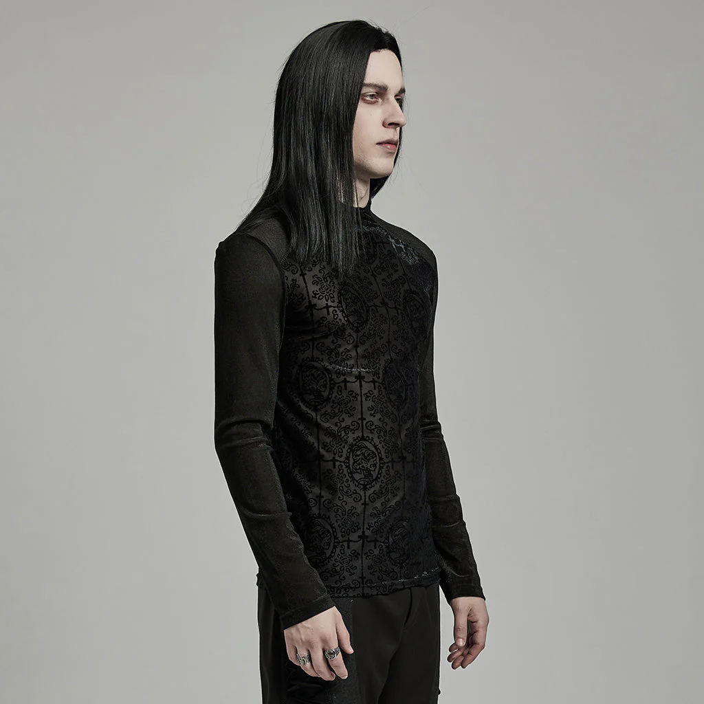 WT-907TCM Mens Gothic T-Shirt Intricate Lace Long Sleeve Top - Image 13