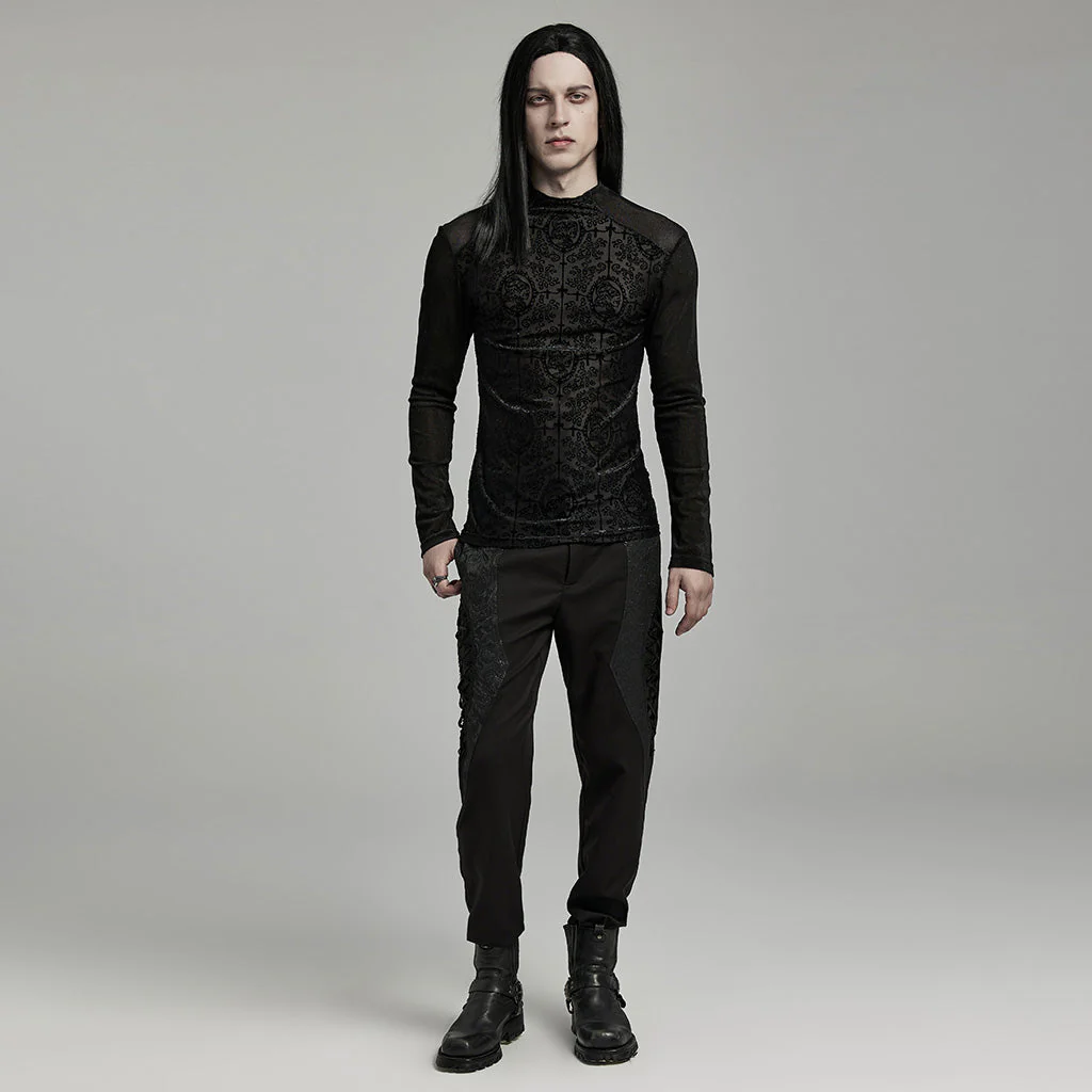WT-907TCM Mens Gothic T-Shirt Intricate Lace Long Sleeve Top - Image 15