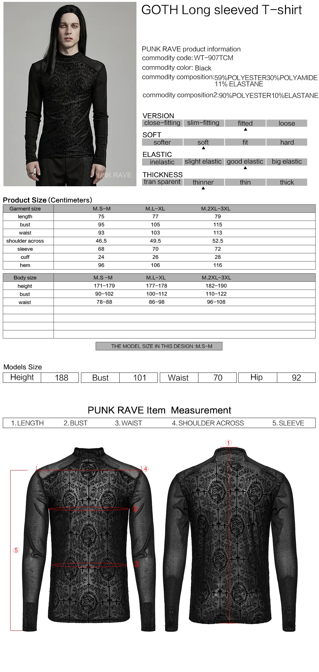 WT-907TCM Mens Gothic T-Shirt Intricate Lace Long Sleeve Top - Image 2