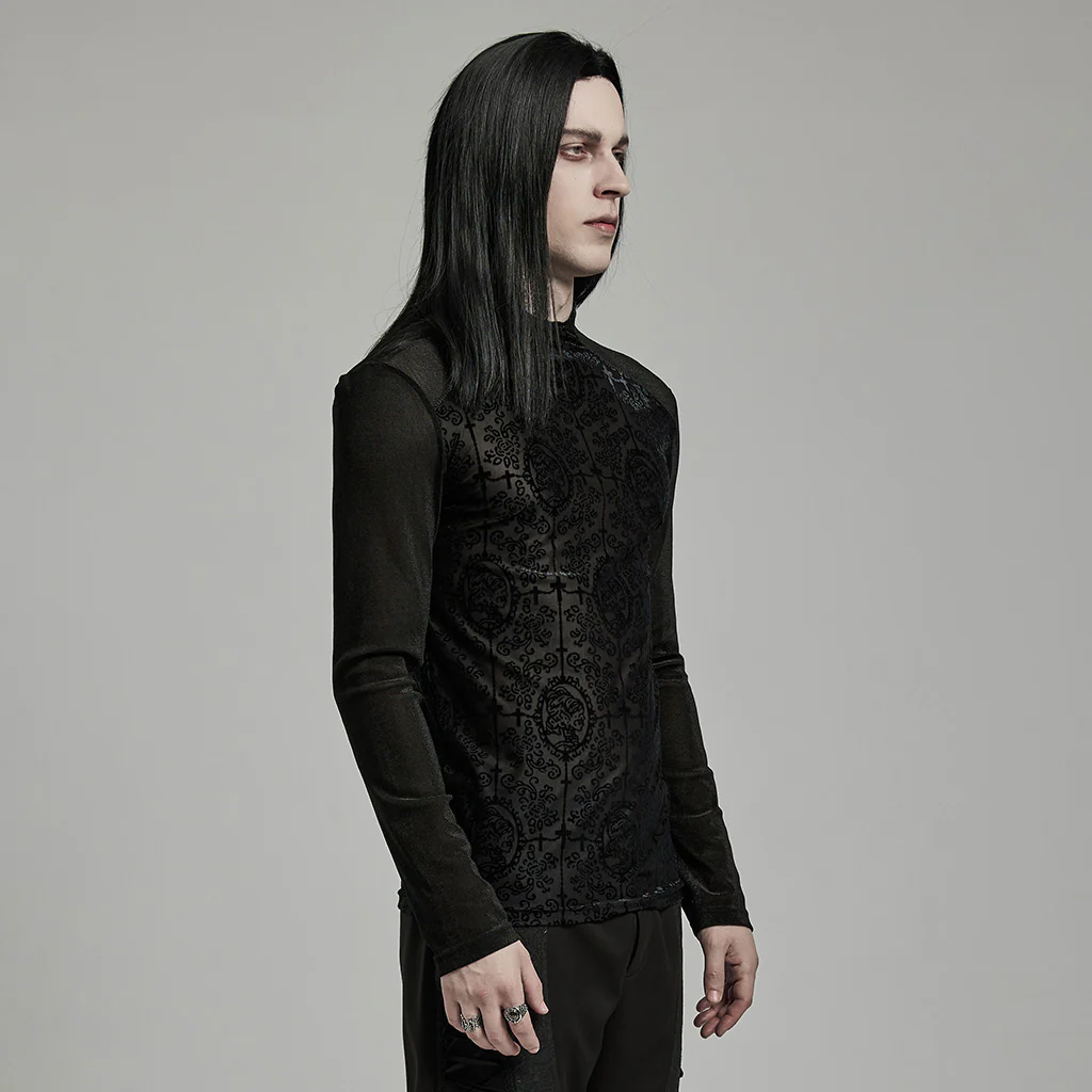 WT-907TCM Mens Gothic T-Shirt Intricate Lace Long Sleeve Top - Image 3