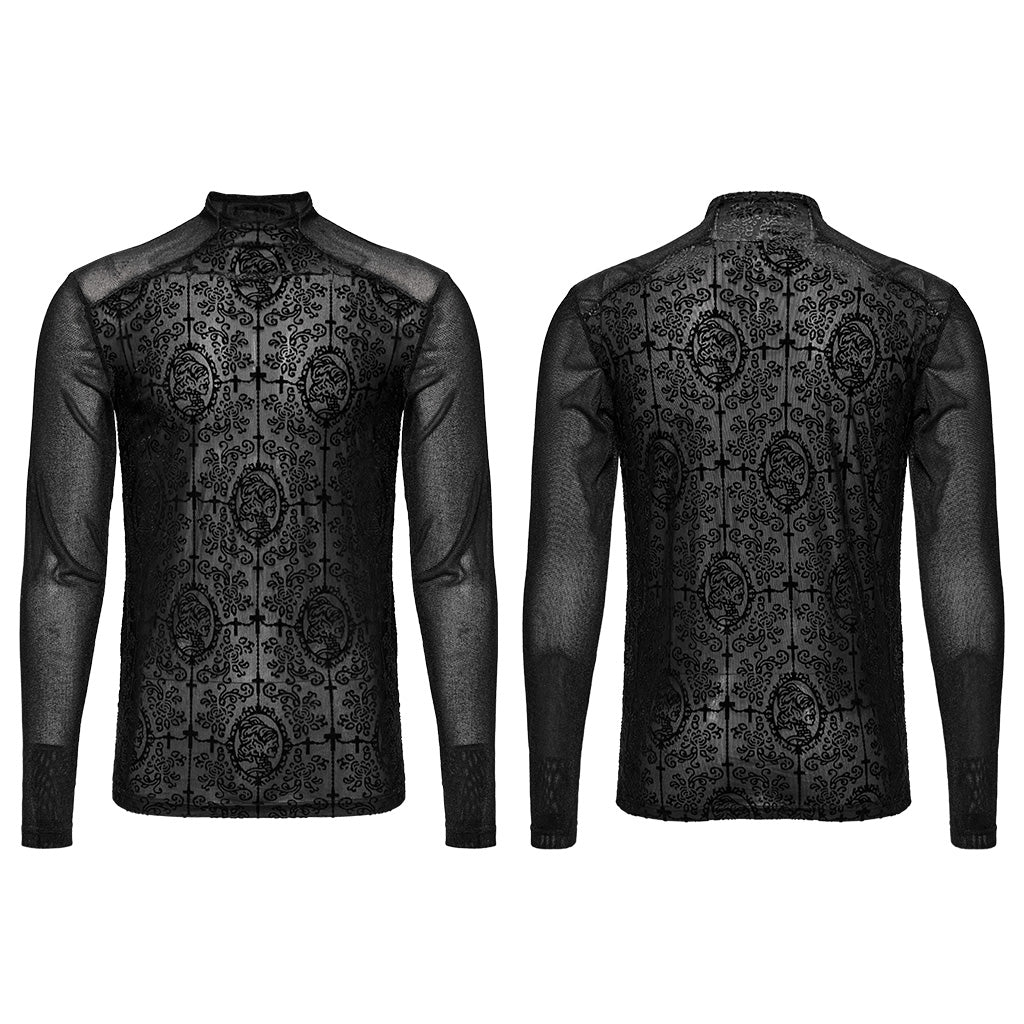 WT-907TCM Mens Gothic T-Shirt Intricate Lace Long Sleeve Top - Image 6