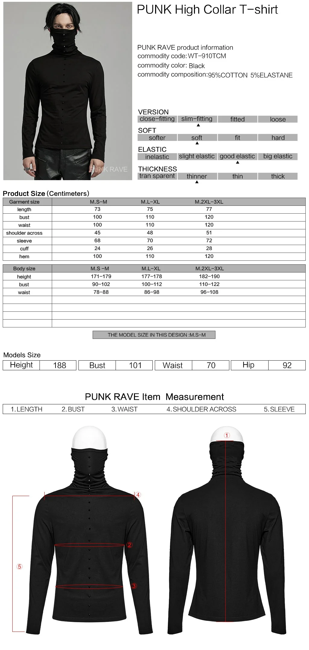 WT-910TCM Mens Punk High Collar Goth Masked T-Shirt black - Image 2