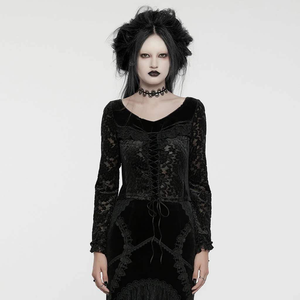 WT-912TCF Gothic Lace Velvet V-Neck Slim Fit Long Sleeve T-Shirt - Image 11