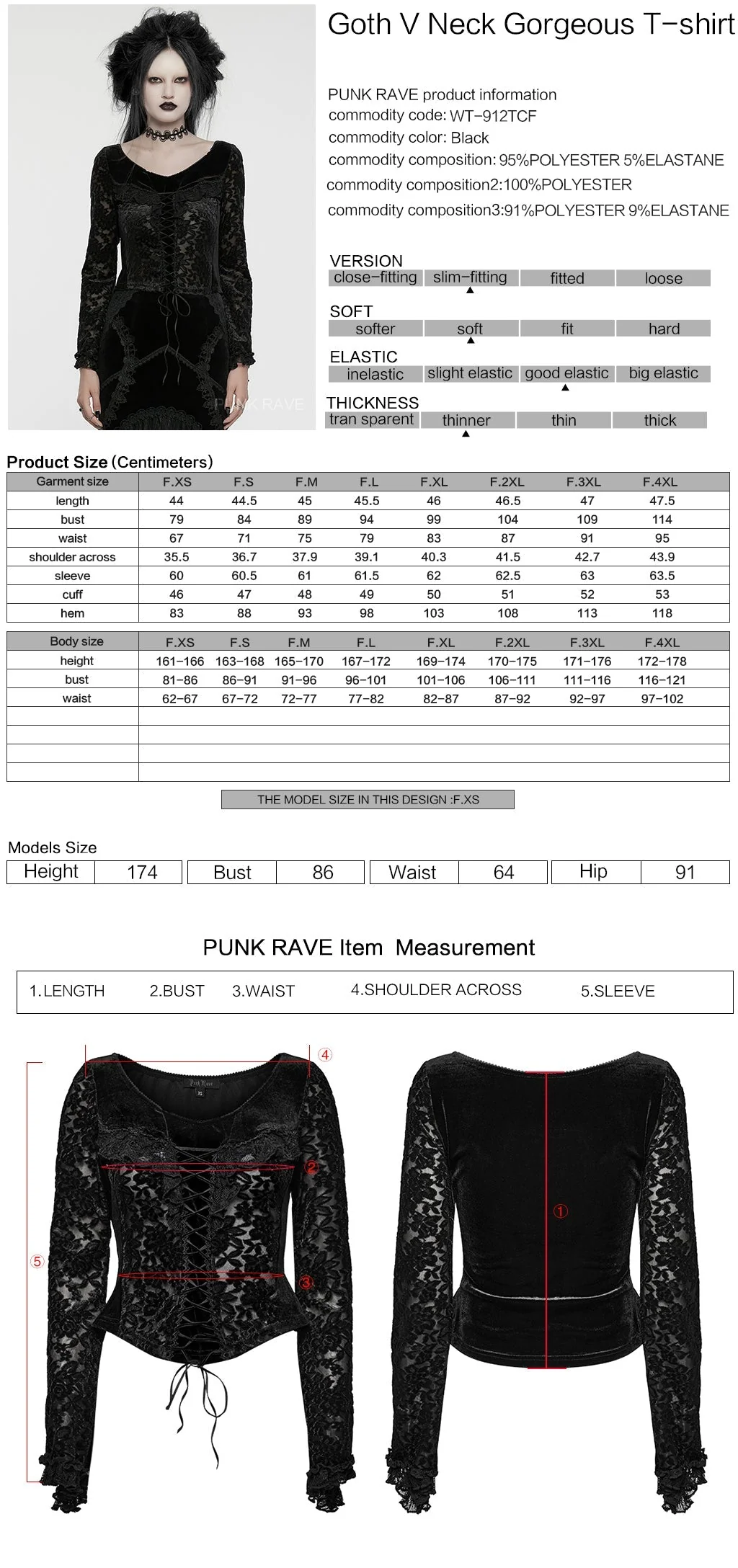WT-912TCF Gothic Lace Velvet V-Neck Slim Fit Long Sleeve T-Shirt - Image 12