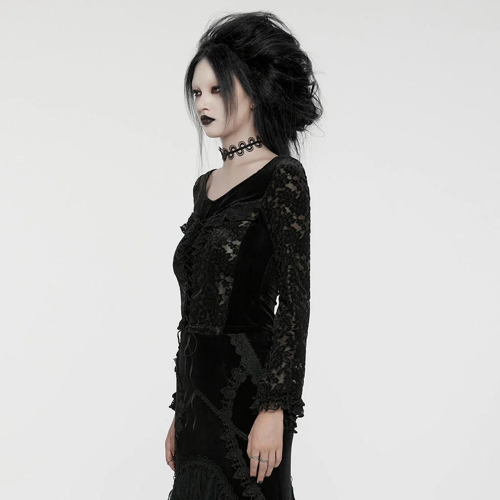 WT-912TCF Gothic Lace Velvet V-Neck Slim Fit Long Sleeve T-Shirt - Image 13
