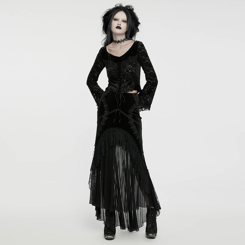 WT-912TCF Gothic Lace Velvet V-Neck Slim Fit Long Sleeve T-Shirt - Image 15