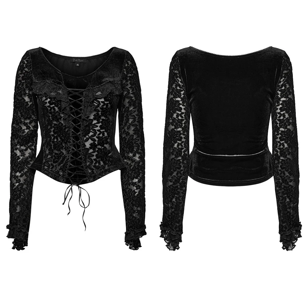 WT-912TCF Gothic Lace Velvet V-Neck Slim Fit Long Sleeve T-Shirt - Image 16