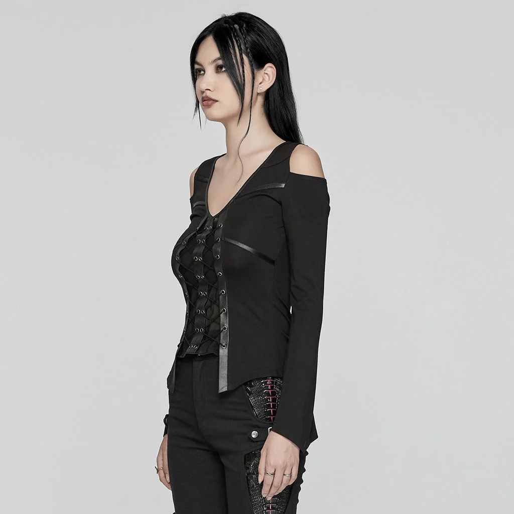 WT-914TCF Gothic Lace-Up Long Sleeve Punk T-Shirt Black Elegance - Image 13