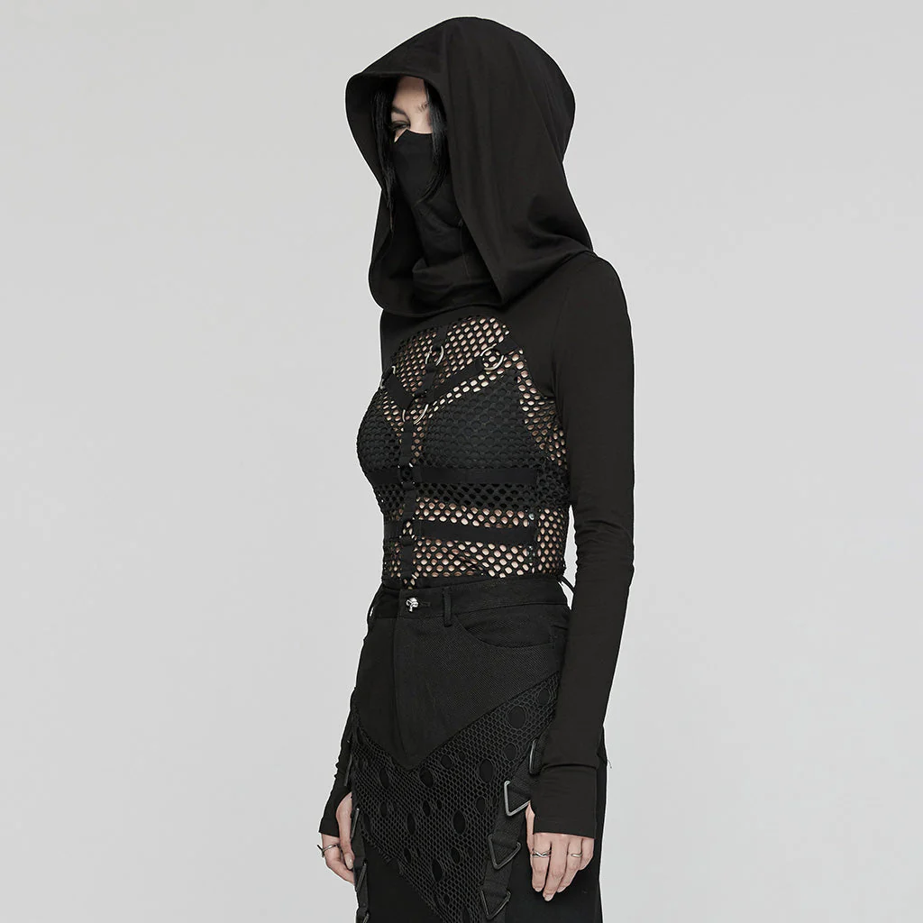 WT-916TCF Edgy Mesh Hooded black Punk T-Shirt with Intricate Patterns - Image 3