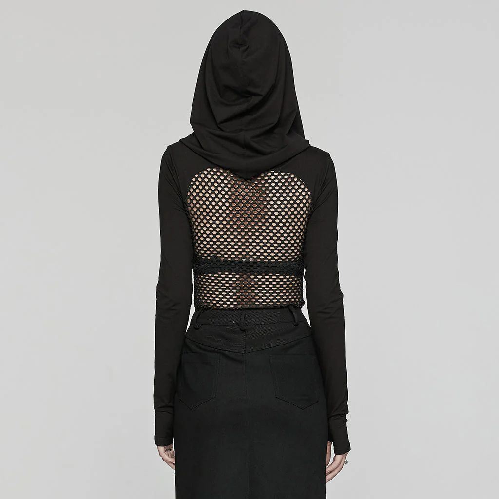 WT-916TCF Edgy Mesh Hooded black Punk T-Shirt with Intricate Patterns - Image 4