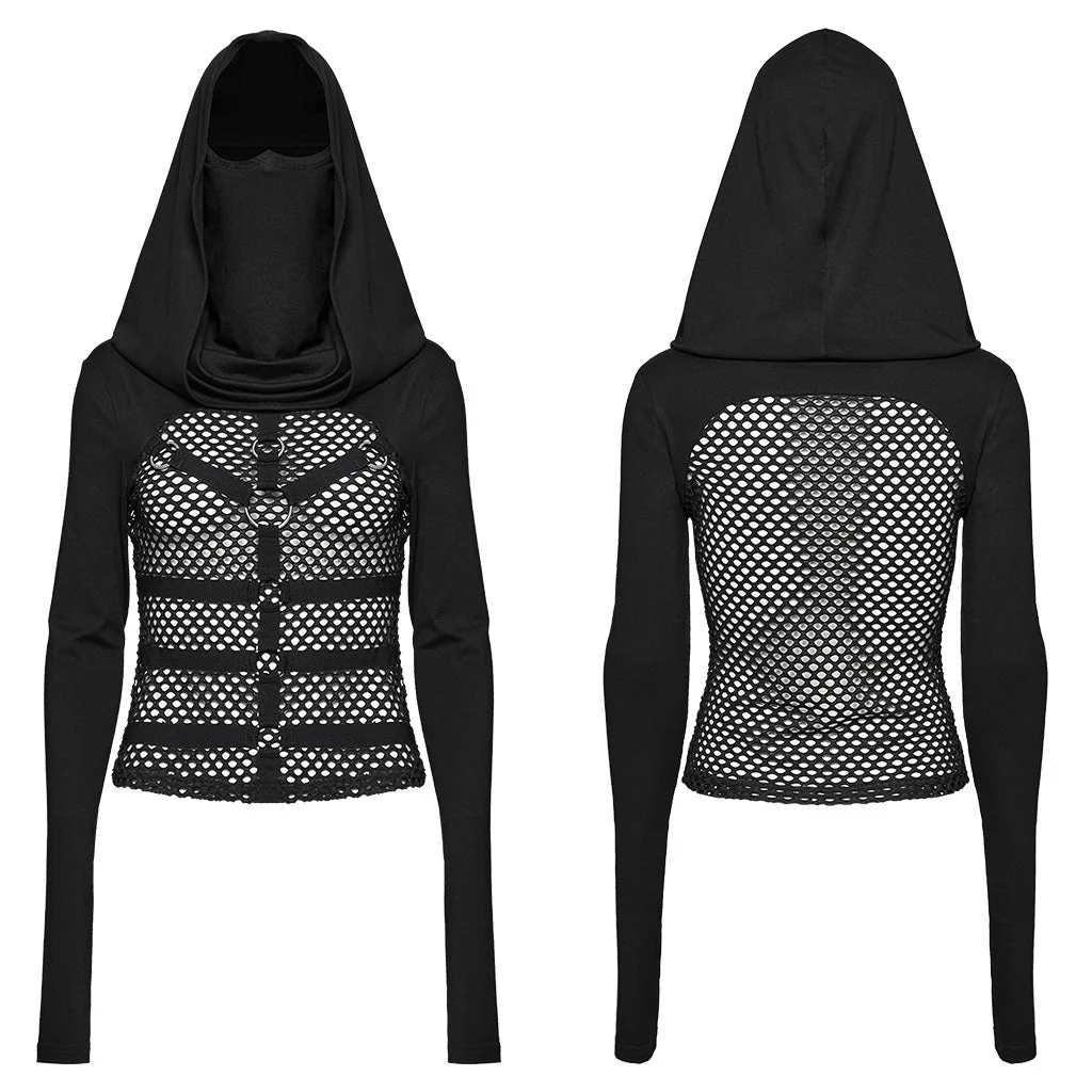 WT-916TCF Edgy Mesh Hooded black Punk T-Shirt with Intricate Patterns - Image 6