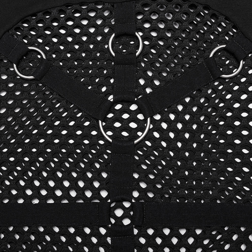 WT-916TCF Edgy Mesh Hooded black Punk T-Shirt with Intricate Patterns - Image 8