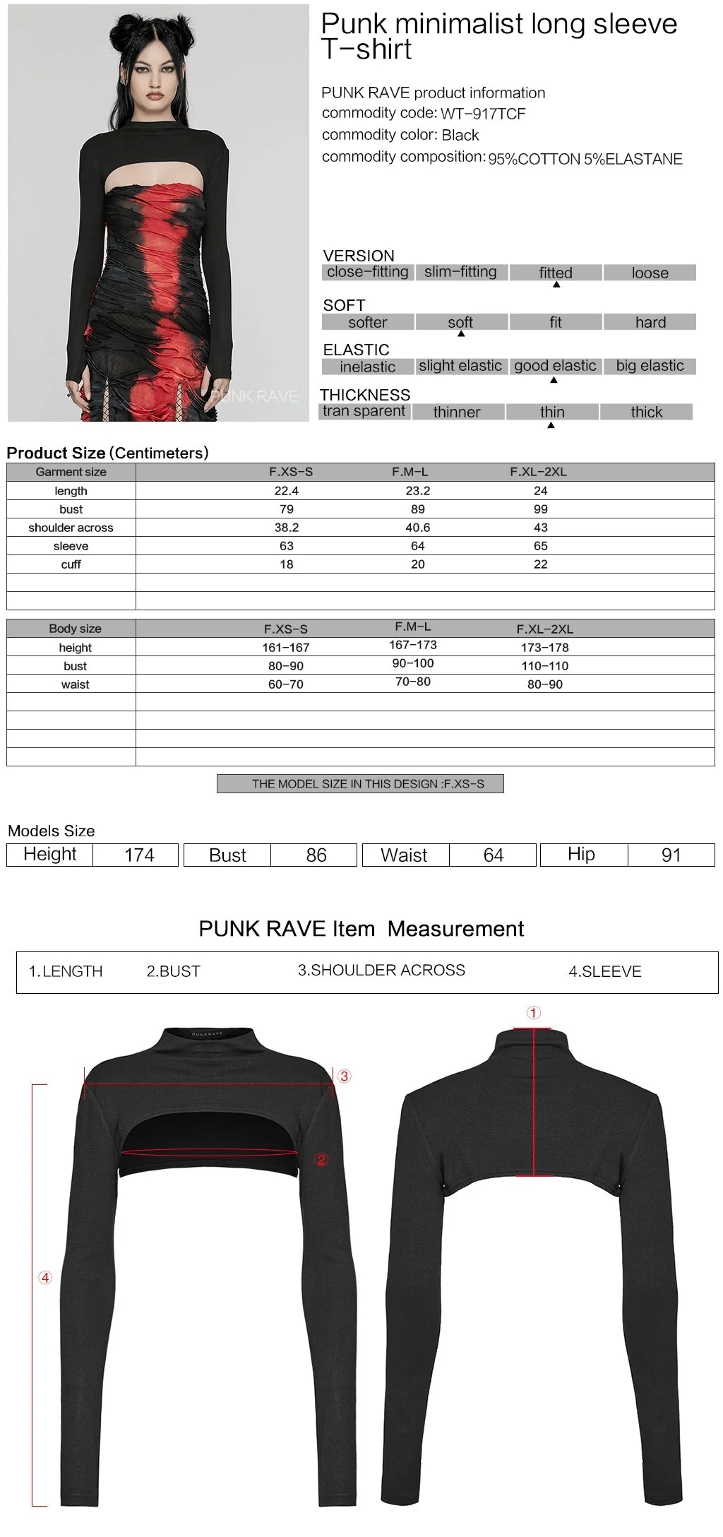 WT-917TCF Punk Long Sleeve Top Cutout Design Slim Fit black - Image 12