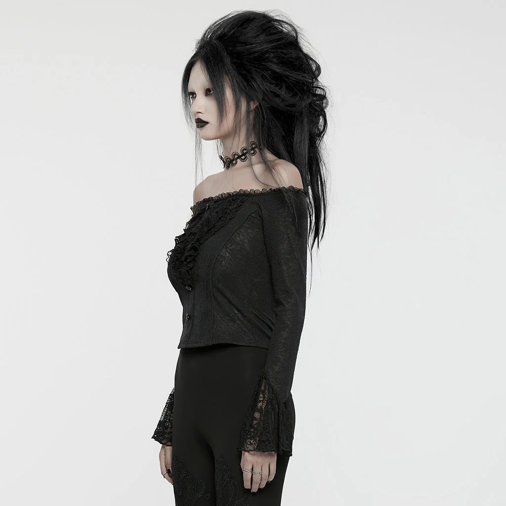 WT-921TCF Gothic Lace Off-Shoulder Ruffle Slim Fit Long Sleeve T-Shirt - Image 3