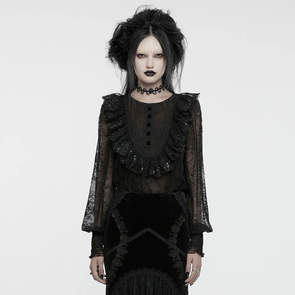 WT-926TCF Gothic Lace Ruffle Shirt Sheer Victorian Style Top - Image 11