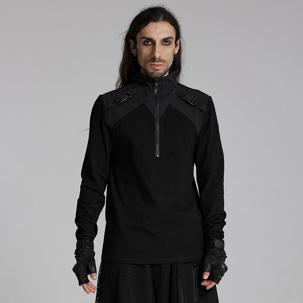 WT-928TCM Gothic Techwear Punk T-Shirt Long Sleeve Zipper Straps