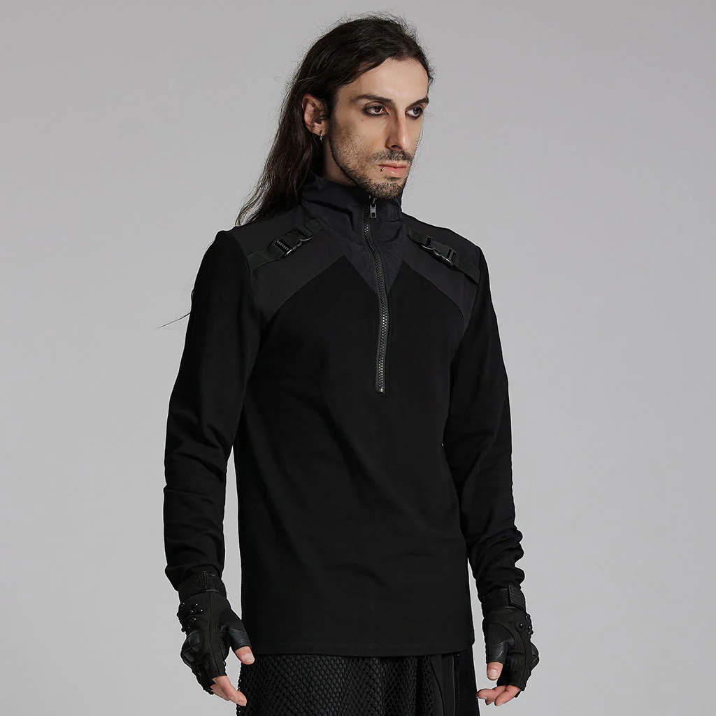 WT-928TCM Gothic Techwear Punk T-Shirt Long Sleeve Zipper Straps - Image 3