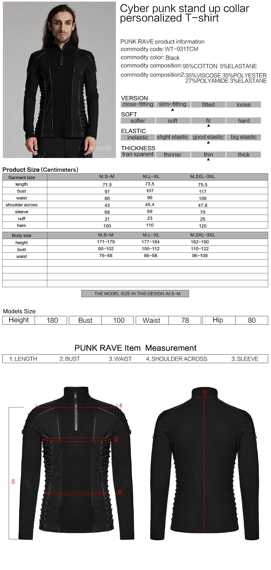 WT-931TCM Gothic Zippered Stand Collar Punk T-Shirts Men - Image 21