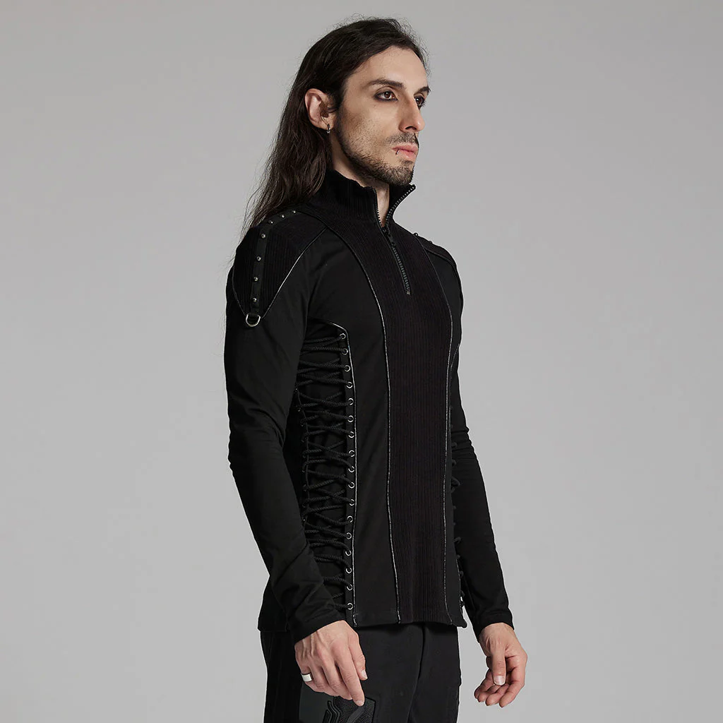 WT-931TCM Gothic Zippered Stand Collar Punk T-Shirts Men - Image 3