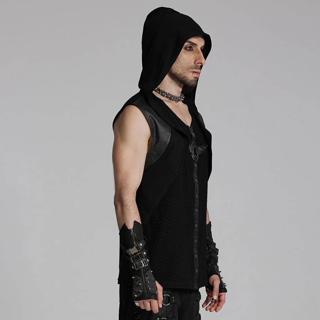 WT-936BXM Gothic Mesh Hooded Vest with Leather Straps Ring Detail - Image 3