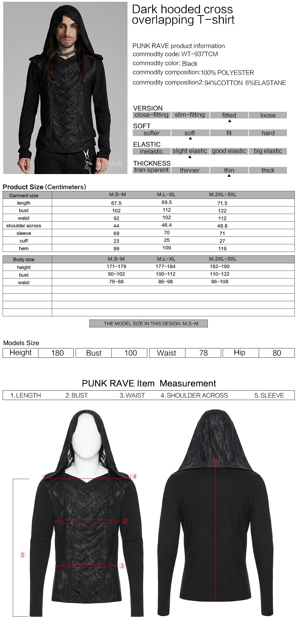 WT-937TCM Mens Gothic Crisscross Hooded Long Sleeve Punk T-Shirt - Image 21