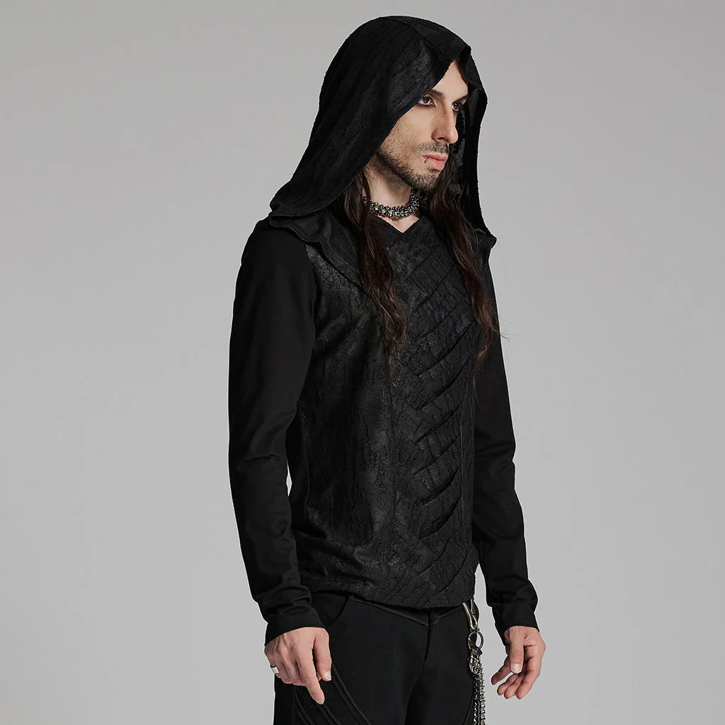 WT-937TCM Mens Gothic Crisscross Hooded Long Sleeve Punk T-Shirt - Image 3