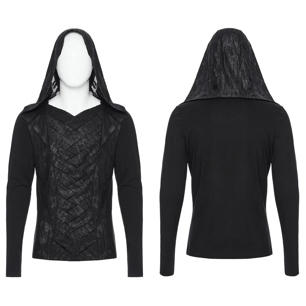 WT-937TCM Mens Gothic Crisscross Hooded Long Sleeve Punk T-Shirt - Image 6