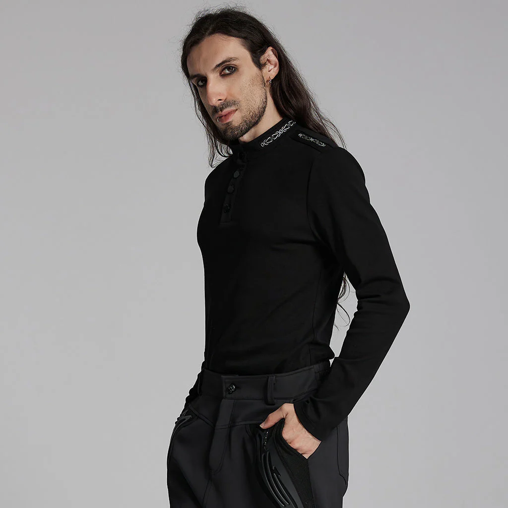 WT-939TCM Mens Black Buttoned Long Sleeve Punk T-Shirt - Image 3