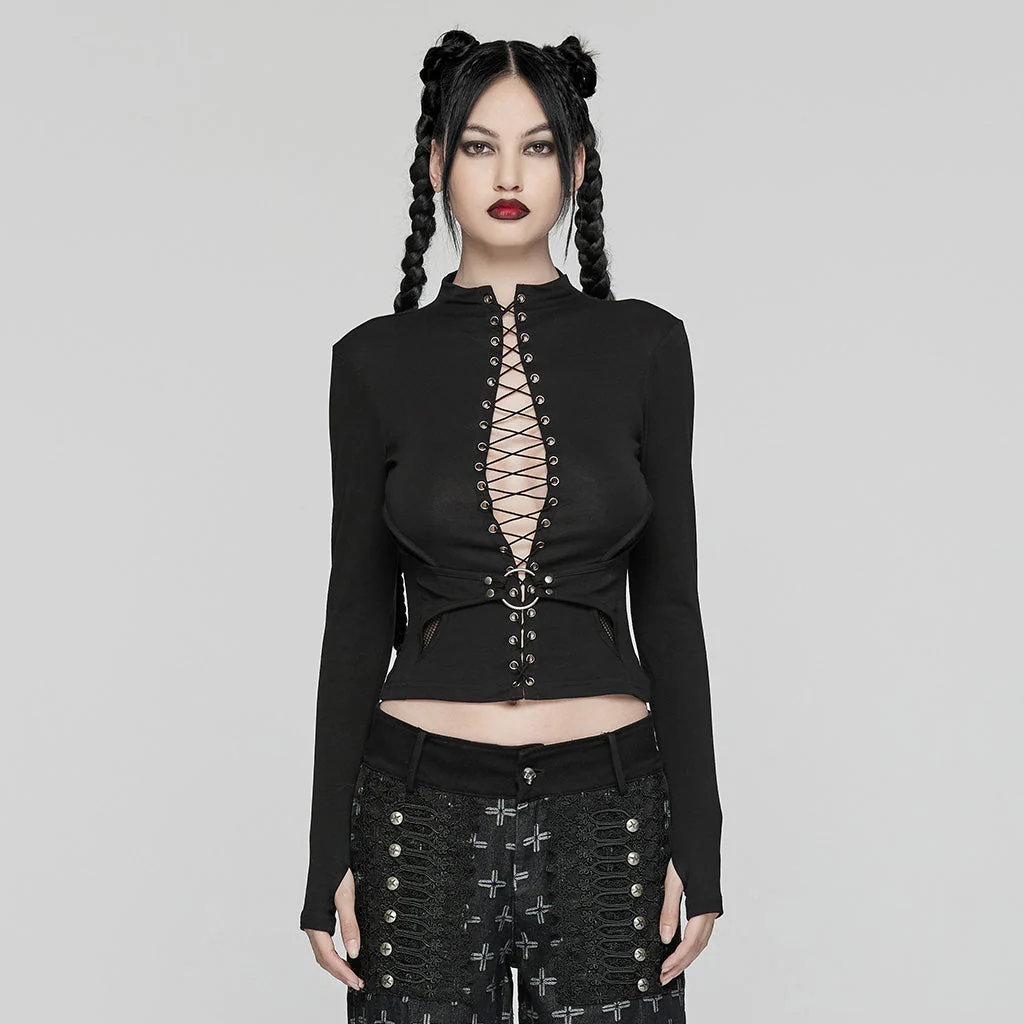 WT-942TCF Gothic Lace-Up black Long Sleeve Punk T-Shirt - Image 11