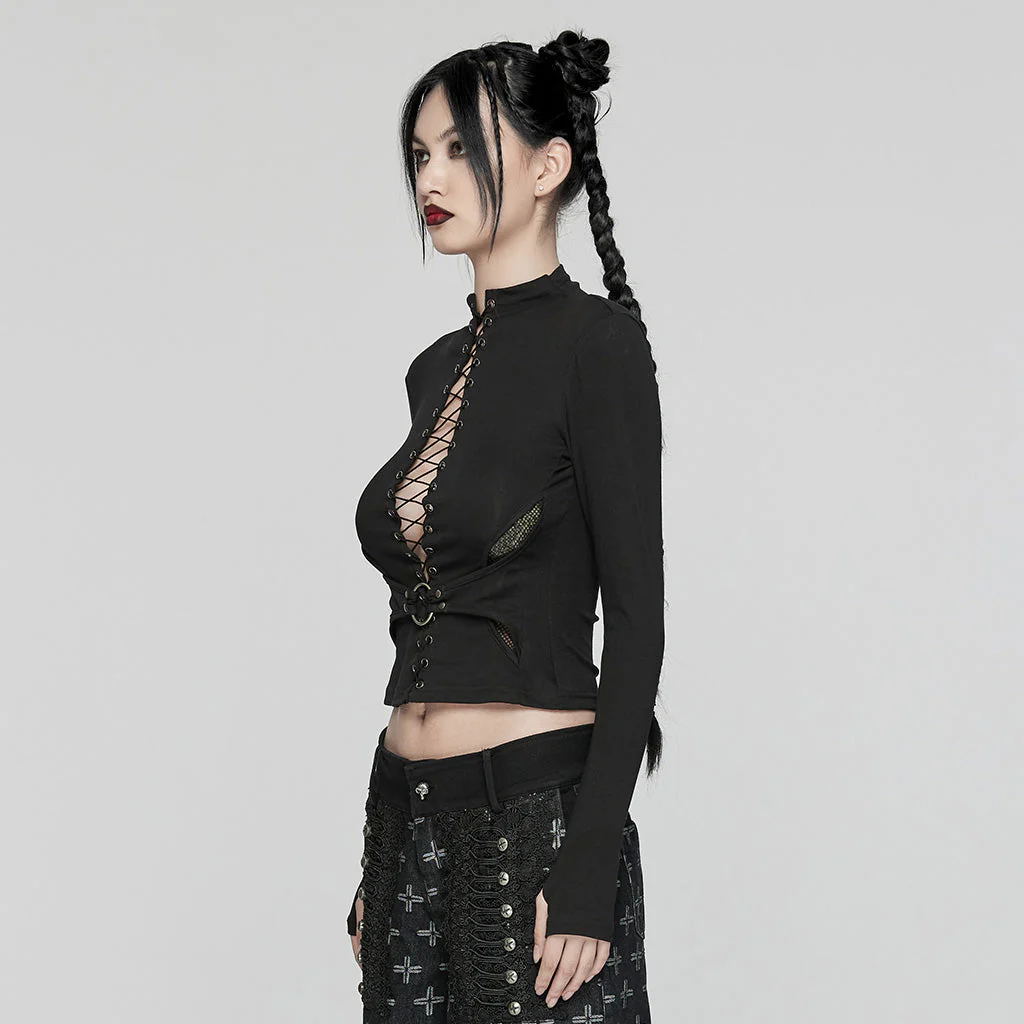 WT-942TCF Gothic Lace-Up black Long Sleeve Punk T-Shirt - Image 13