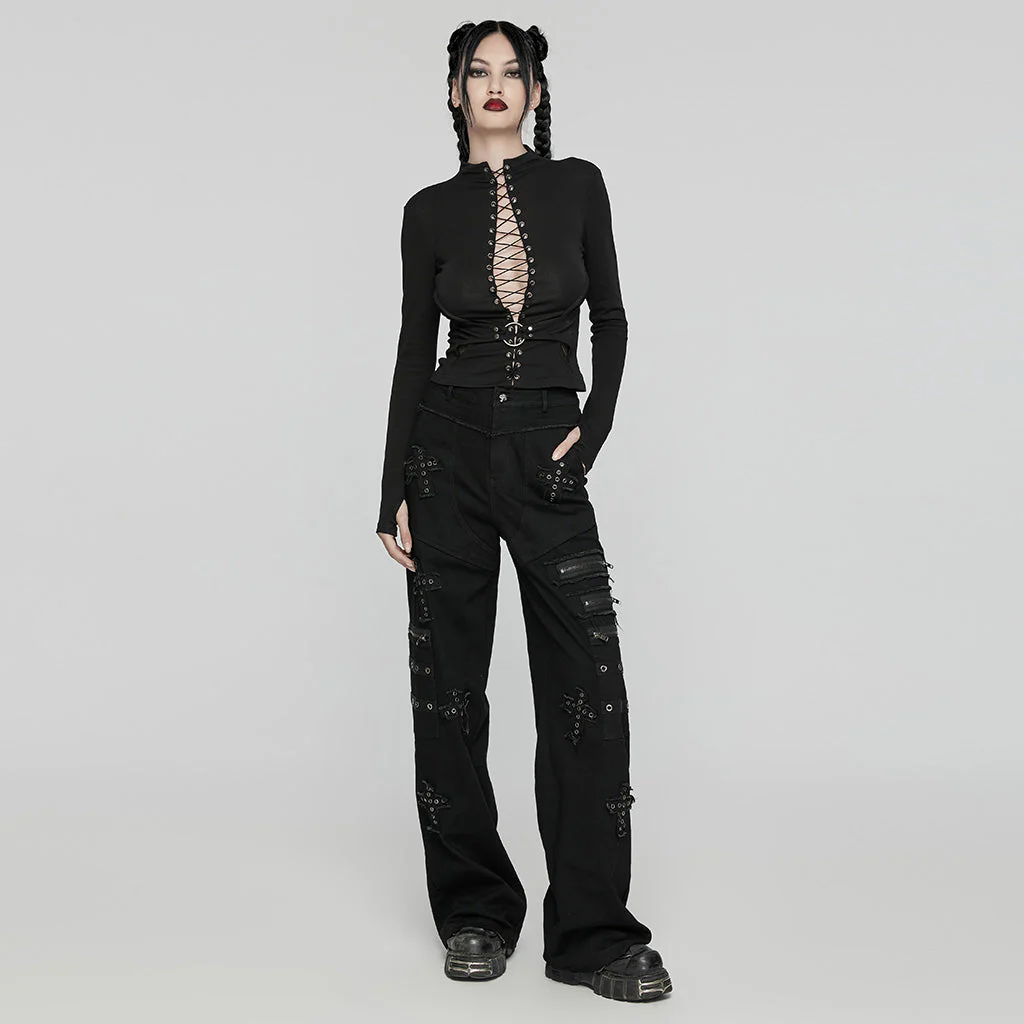 WT-942TCF Gothic Lace-Up black Long Sleeve Punk T-Shirt - Image 15