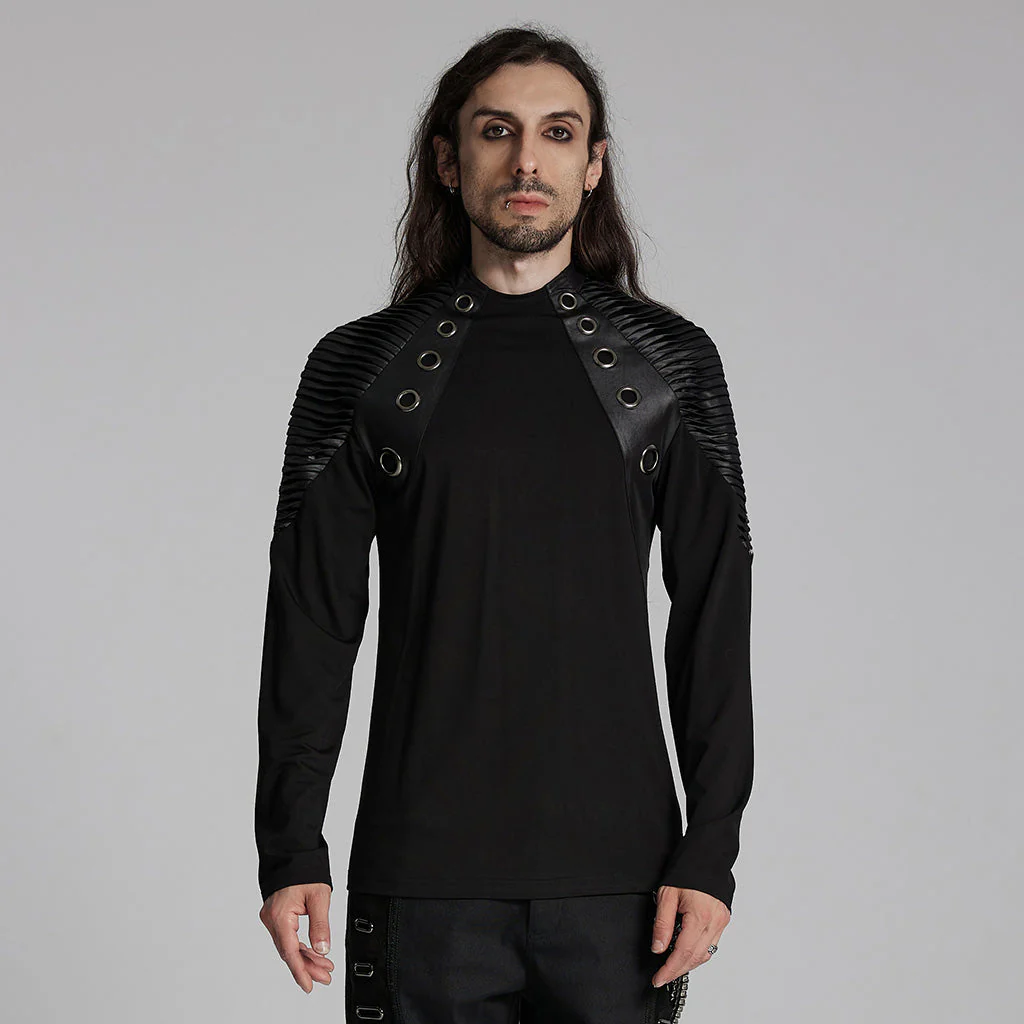 WT-946TCM Gothic Leather Accent Slashed Sleeve Punk T-Shirt - Image 11